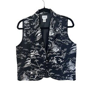 Chicos Womens Black White Vest Button Front Asian Inspired Satin Medium